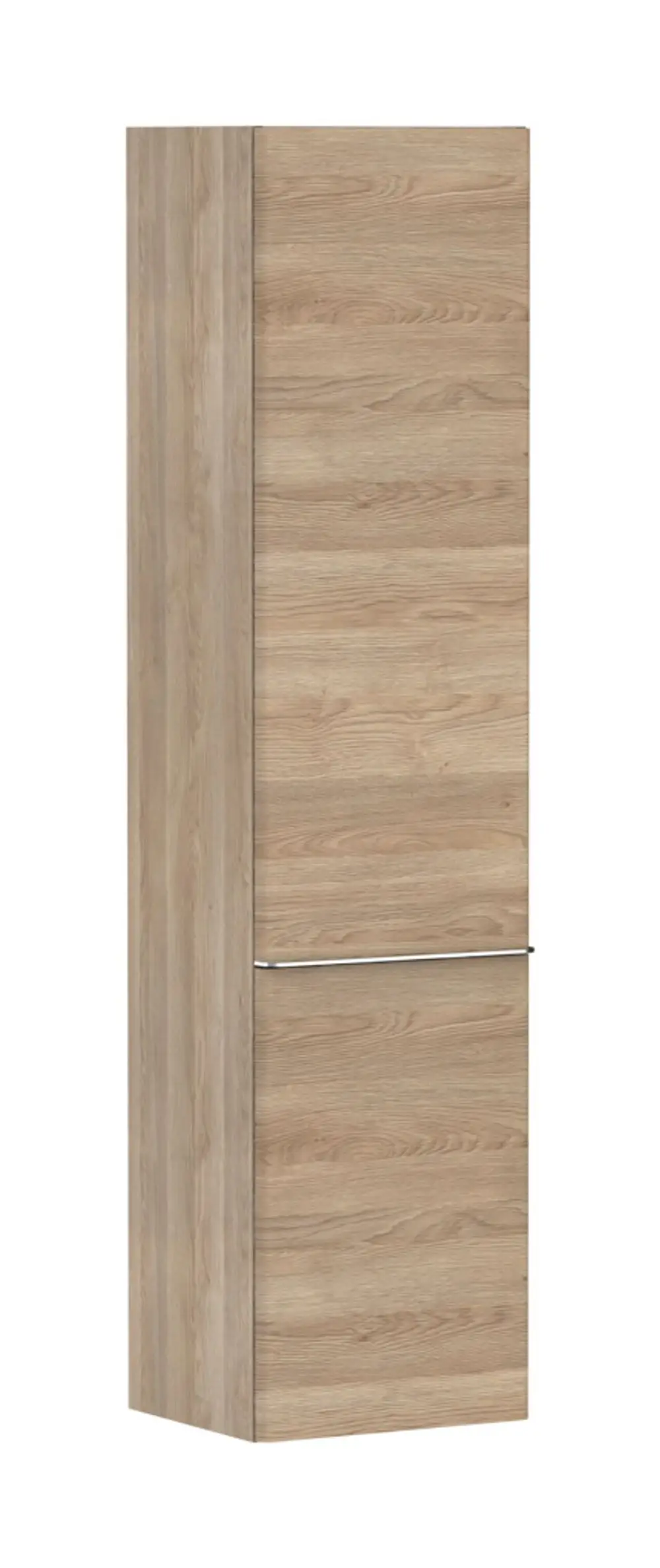 Hochschrank in Eiche-Natur-Optik mit zwei horizontalen Türen. Der Türanschlag ist links. Das Design gehört zur Hansgrohe Xelu Kollektion.